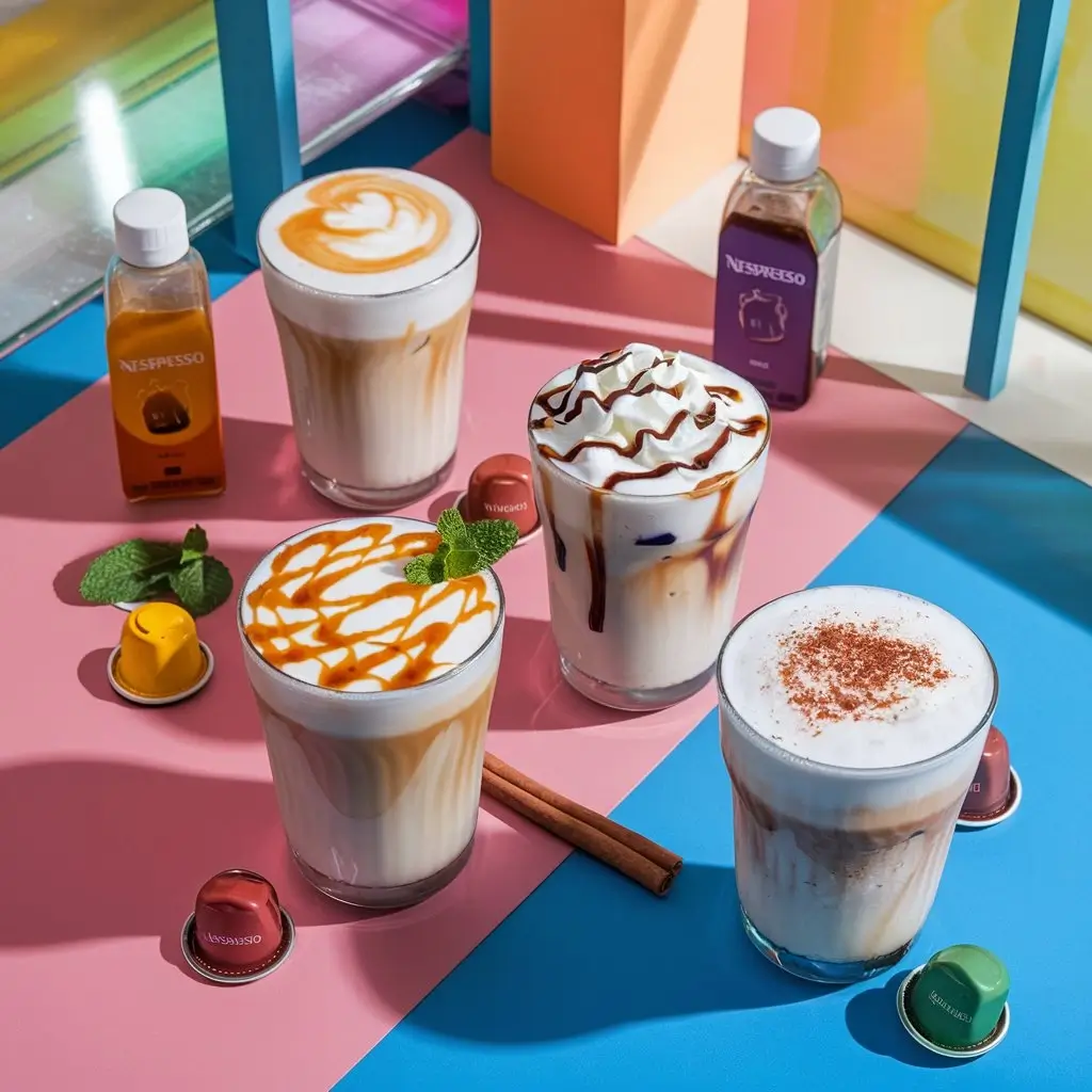 Flat lay of four Nespresso iced lattes with vanilla, caramel, mocha, and coconut variations