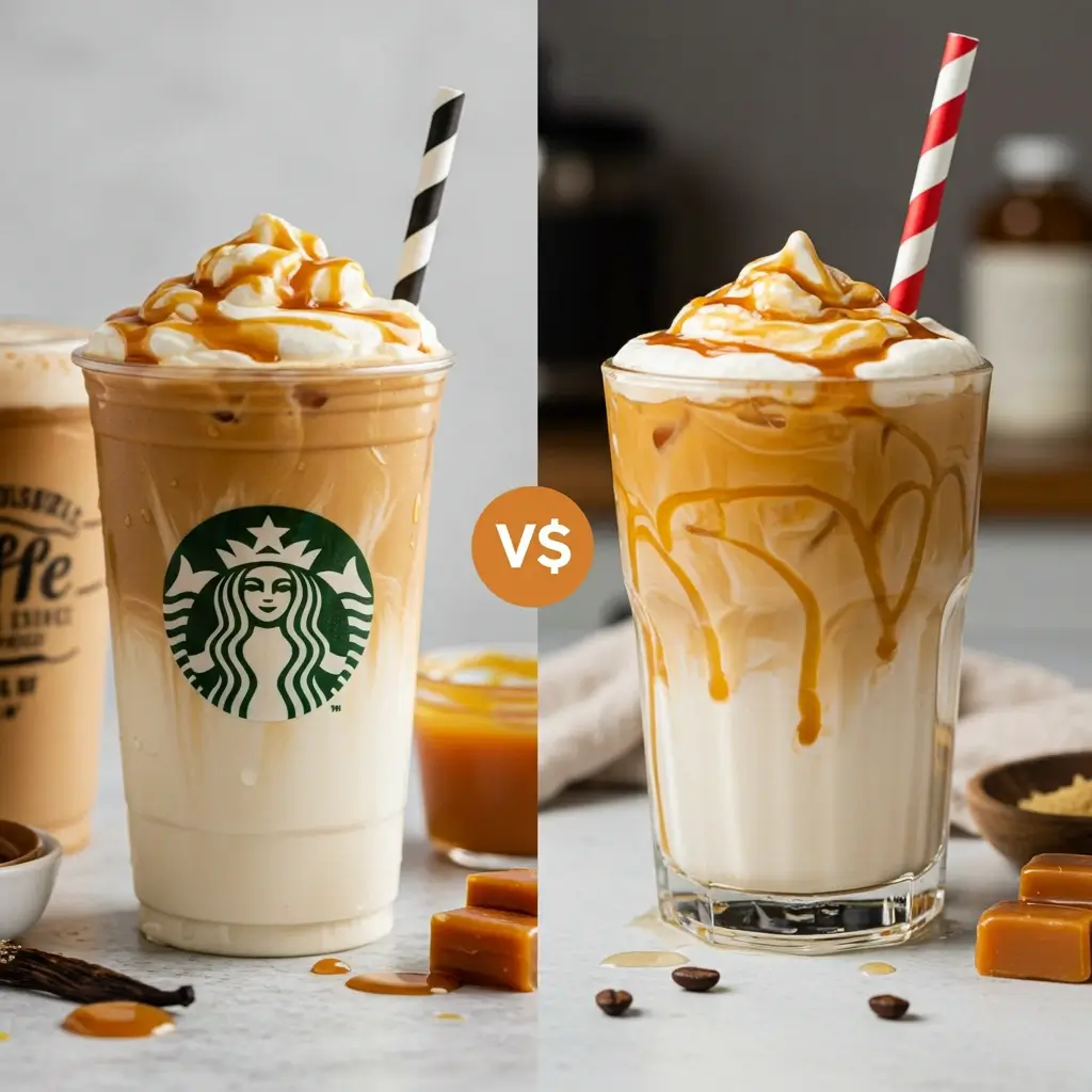 Side-by-side comparison of caramel vanilla swirl iced coffees—one in a branded café cup, the other in a clear glass with creamy swirls and ingredients nearby.