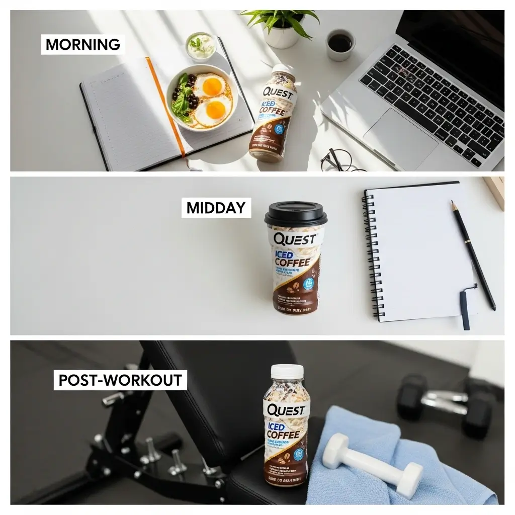 Quest Iced Coffee in morning, work, and post-workout scenes flat lay