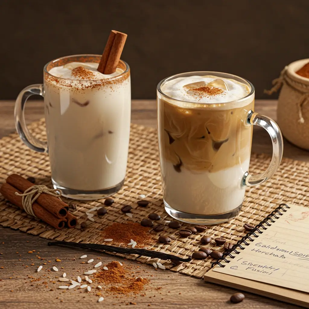 Horchata and horchata iced coffee on woven mat with spices