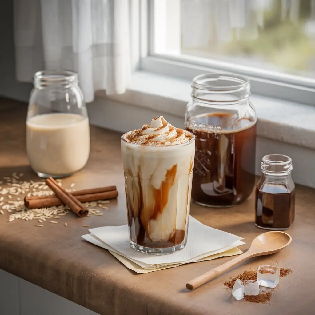 Homemade horchata and iced coffee ingredients on kitchen counter