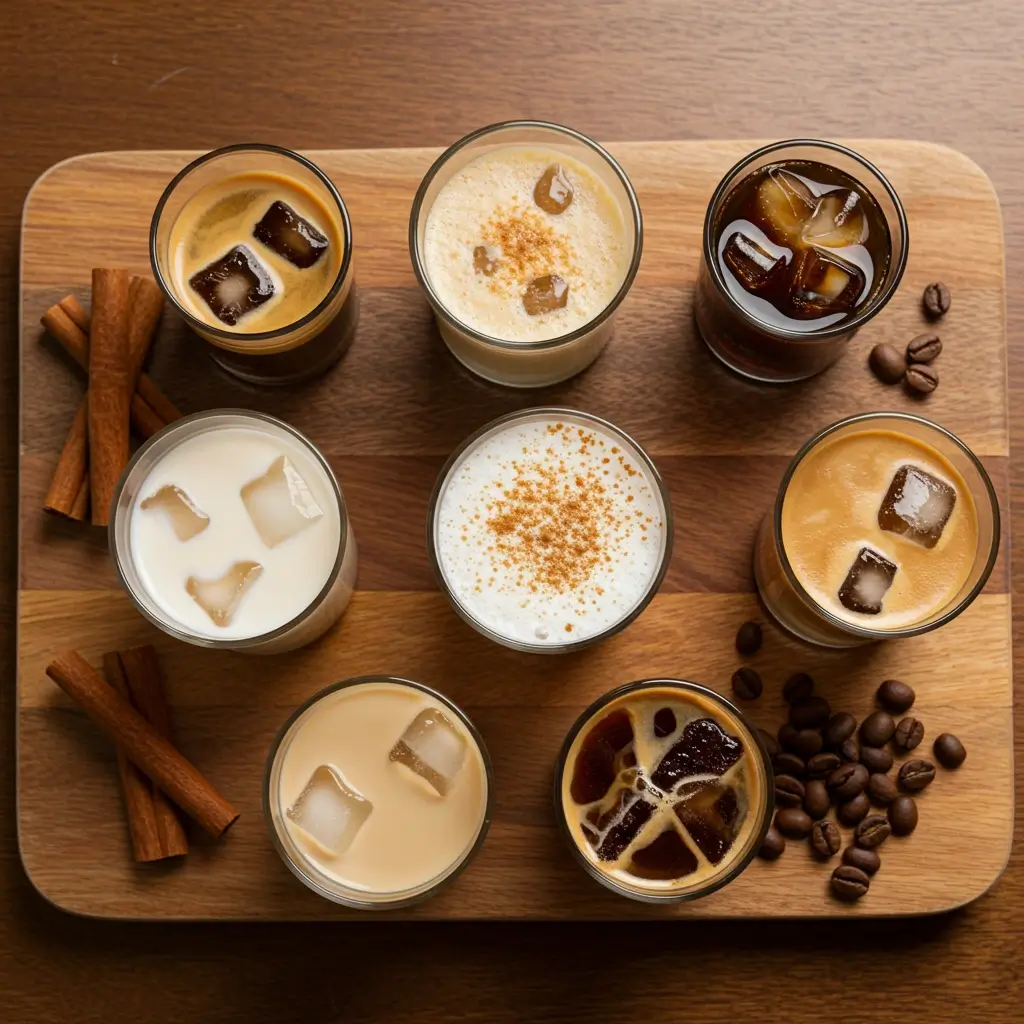 Overhead view of horchata and iced coffee tasting board