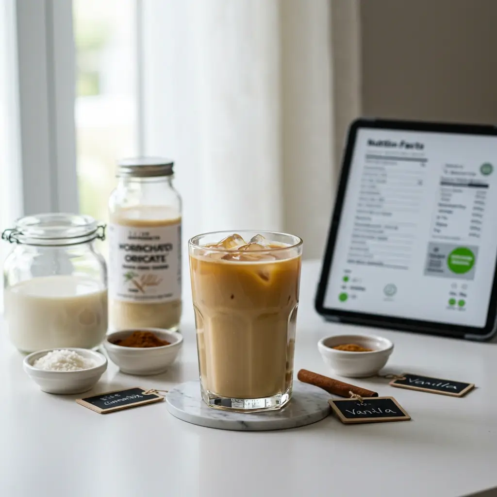 Minimalist kitchen with horchata iced coffee and labeled ingredients