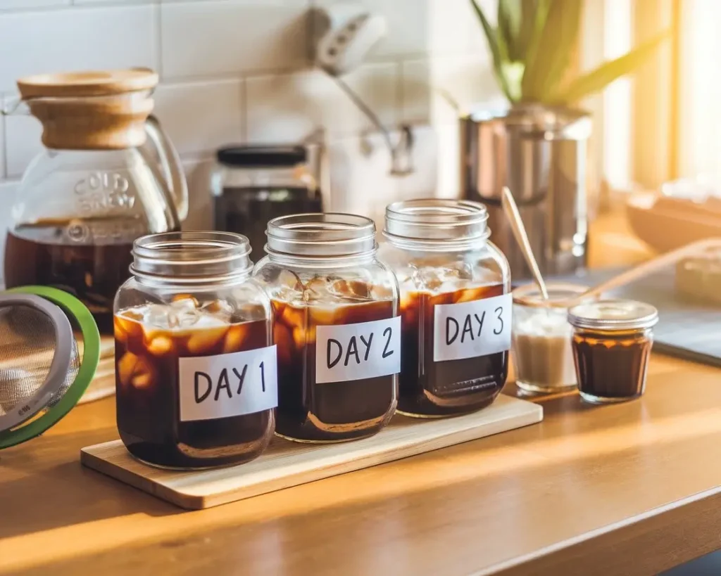 Three mason jars of iced coffee lined up for meal prep on a sunny kitchen counter.