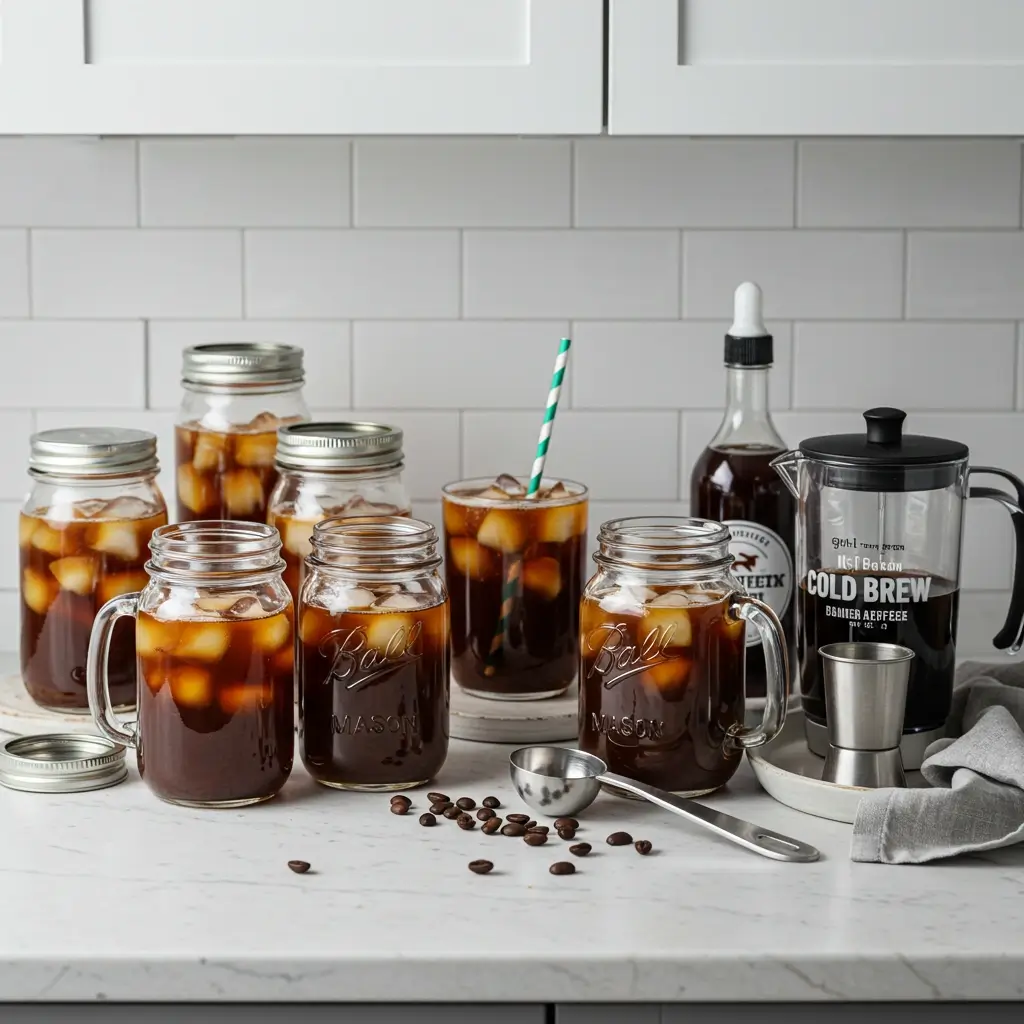 Glass jars of prepped iced coffee in fridge and on counter with syrups and cold brew tools.