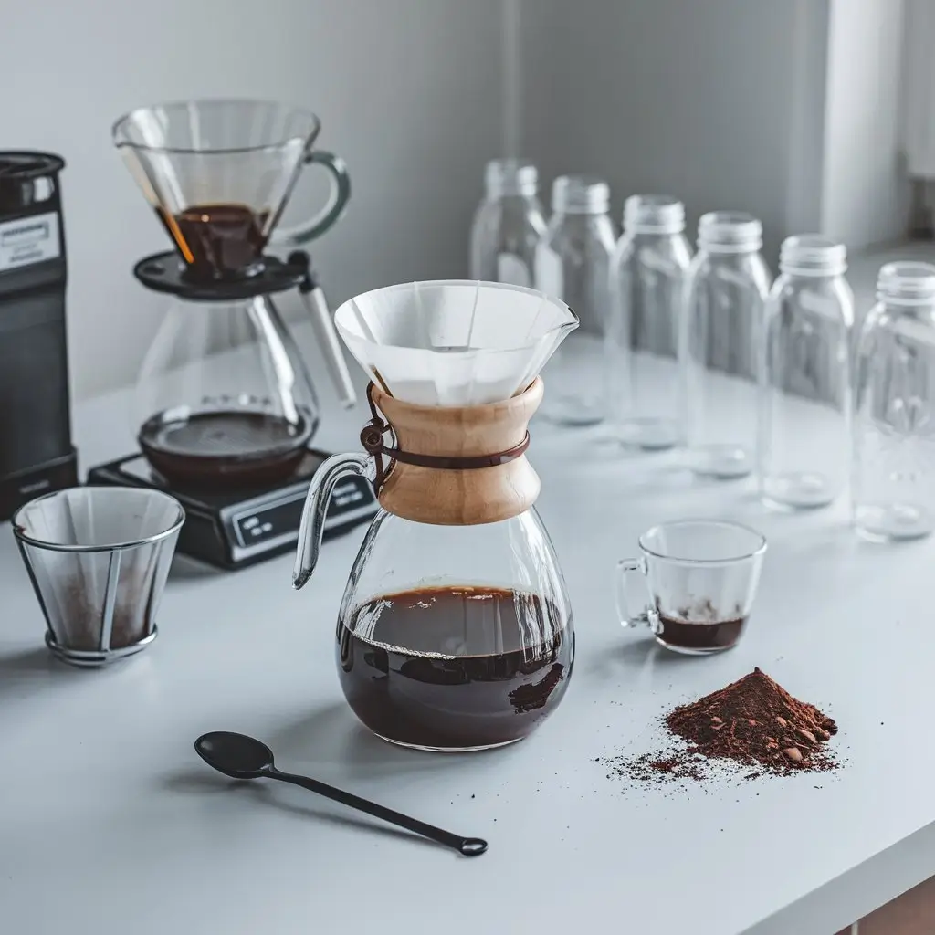 Cold brew pitcher with brewing tools and empty jars on kitchen counter in natural light.