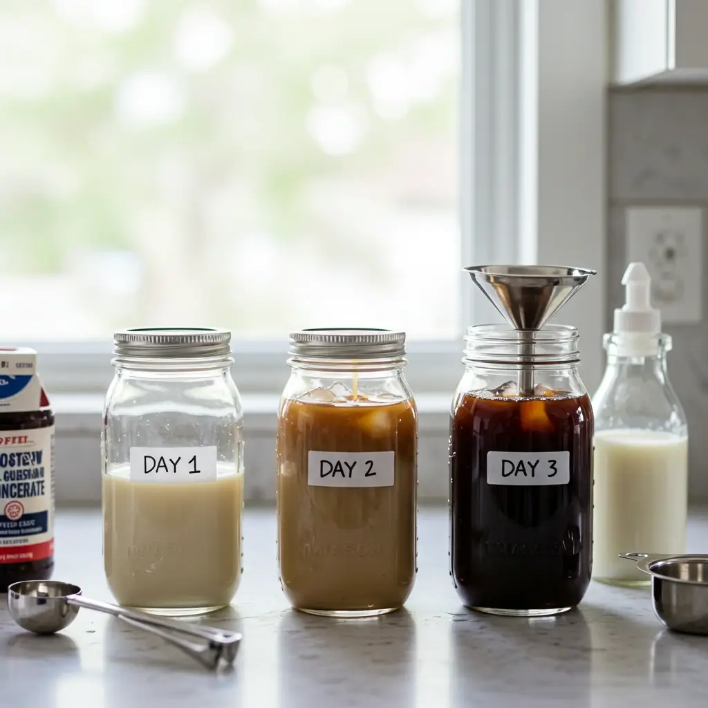 Three mason jars with iced coffee variations and ingredients on a bright kitchen counter.
