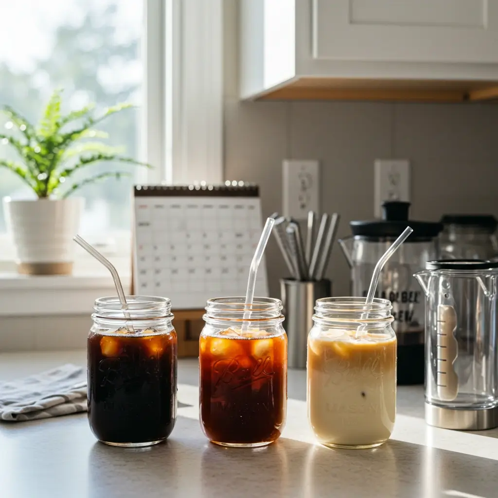 Three iced coffee jars with variations on kitchen counter, morning light, prep tools visible.