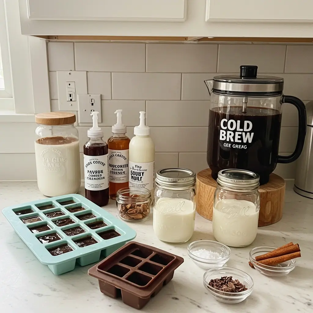 Iced coffee prep with coffee ice cubes, syrups, mason jars, and toppings on kitchen counter.