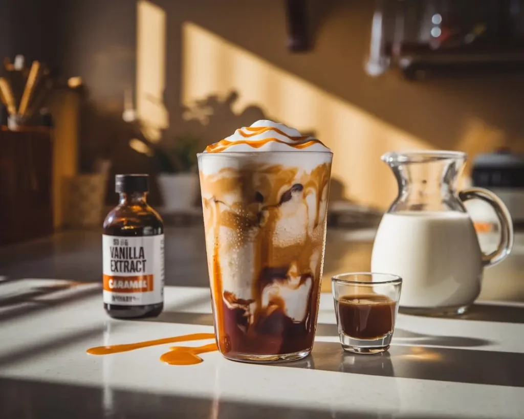 Caramel vanilla swirl iced coffee with cold foam and caramel drizzle on a cozy kitchen counter.