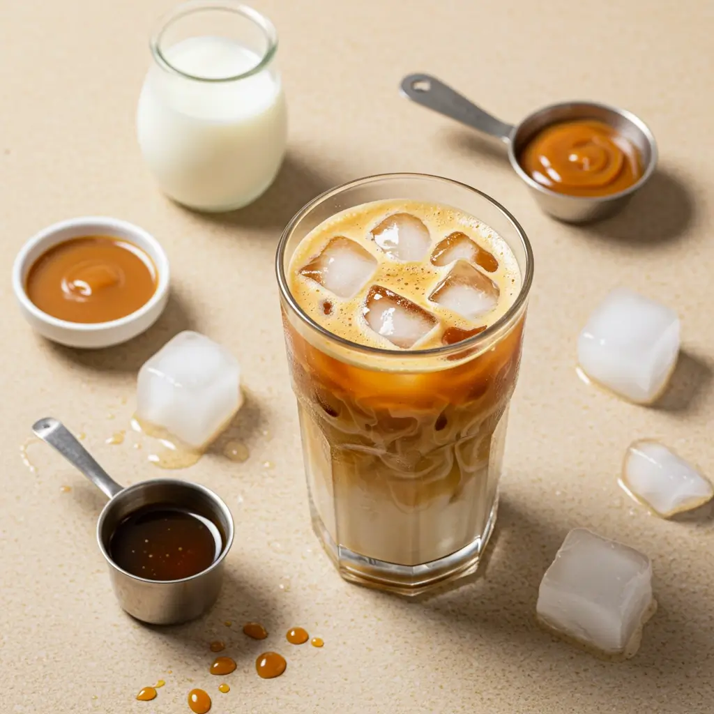 Deconstructed caramel vanilla swirl iced coffee with labeled ingredients on a warm-toned flat lay.