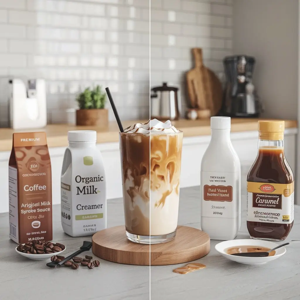 Side-by-side comparison of premium vs. standard iced coffee ingredients on a kitchen counter with a finished glass in the center.