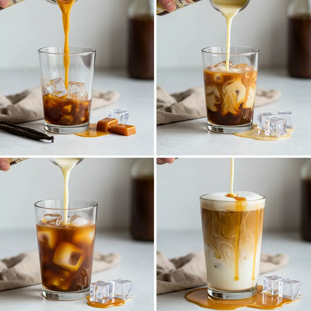 Four-panel collage showing the step-by-step making of caramel vanilla swirl iced coffee with close-up shots of pouring espresso, adding ice, swirling milk, and topping with foam and caramel drizzle.