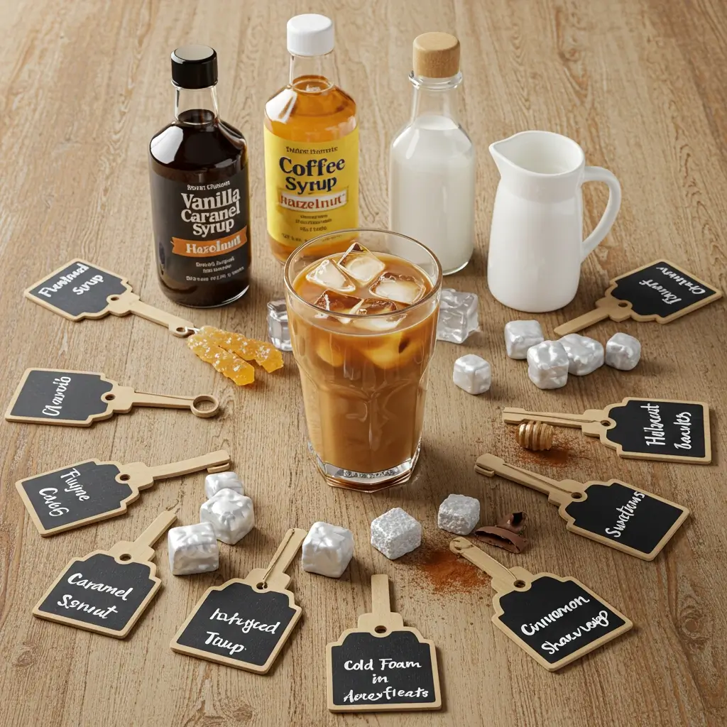 Vibrant flat lay of iced coffee with flavor syrups, milk types, sweeteners, ice styles, and toppings, all labeled around a plain iced coffee glass.