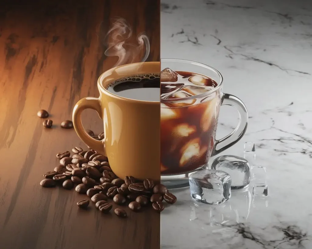 Hot coffee in mug on wood next to iced coffee in glass on marble with steam and ice details.
