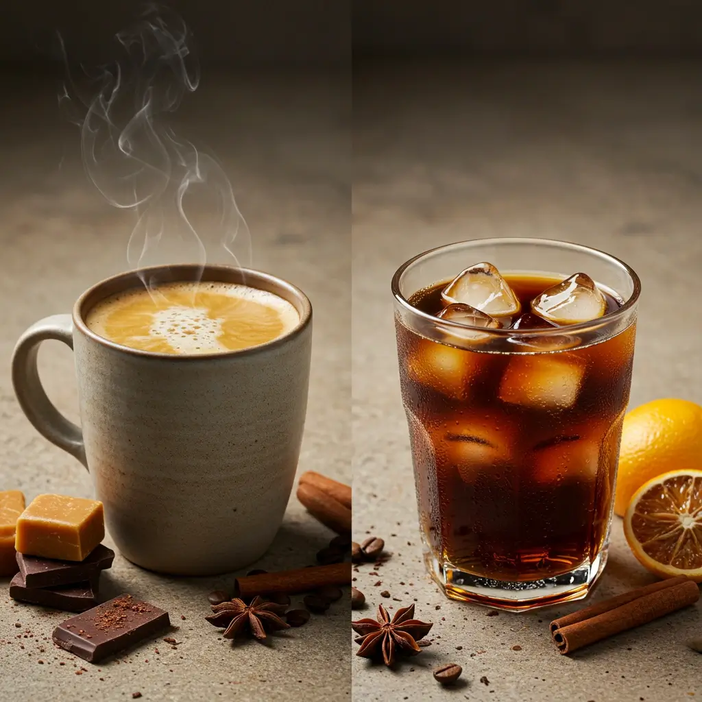 Close-up of hot coffee in ceramic mug with steam and crema next to iced coffee in glass with ice