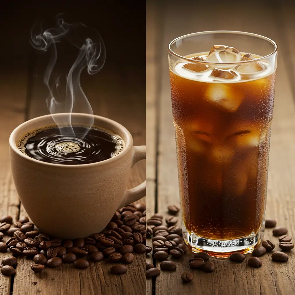 Hot dark roast coffee in ceramic mug next to iced lighter roast coffee in glass with coffee beans and caffeine graphics.