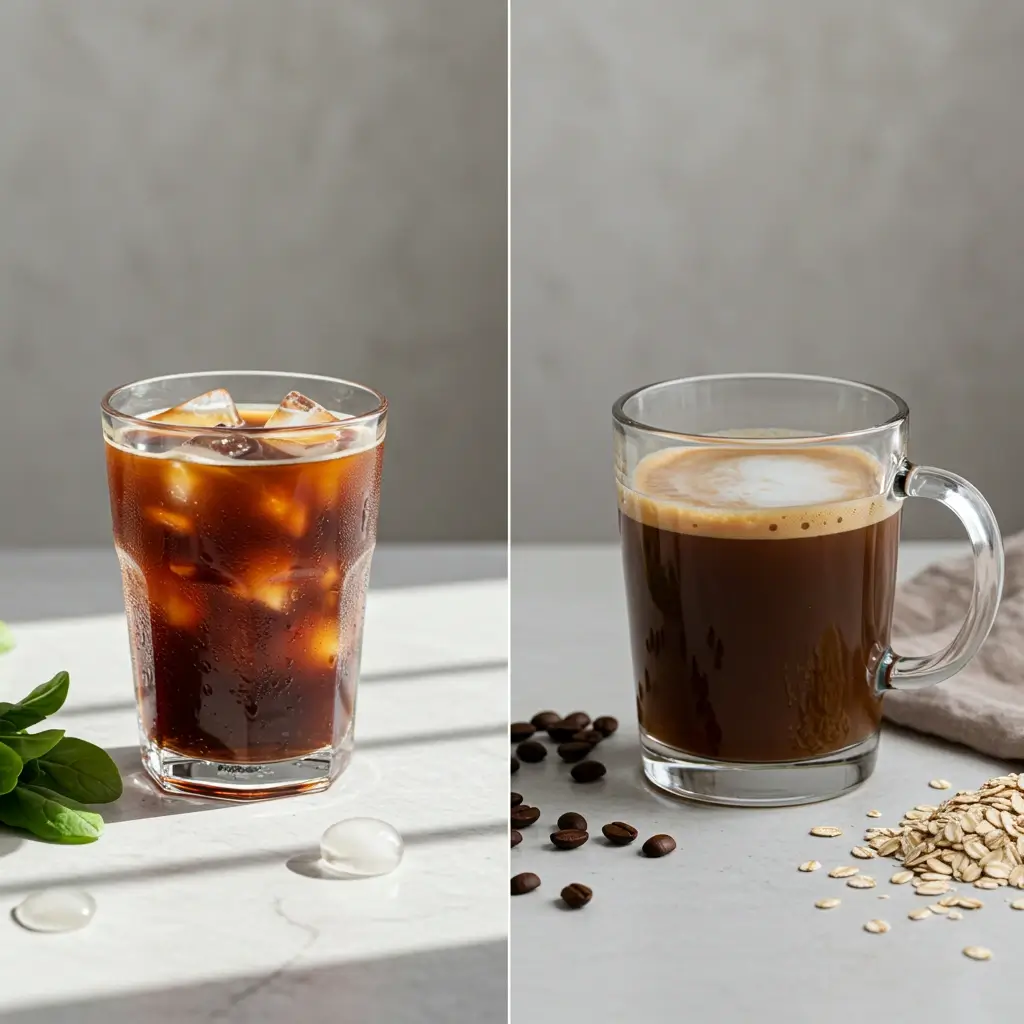 Split image of iced coffee with health icons and hot coffee with benefits and warnings on a kitchen table.