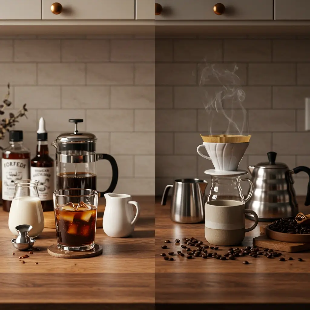 Cozy kitchen counter with iced coffee glass and cold brew gear next to steaming hot coffee mug and pour-over setup.