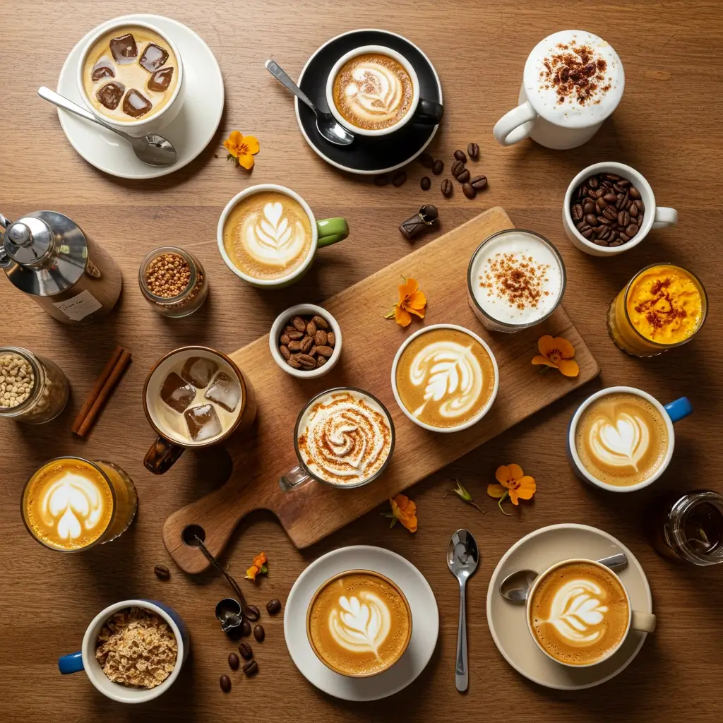 Overhead flat lay of a coffee board with labeled iced and hot coffee drinks, toppings, and natural elements.
