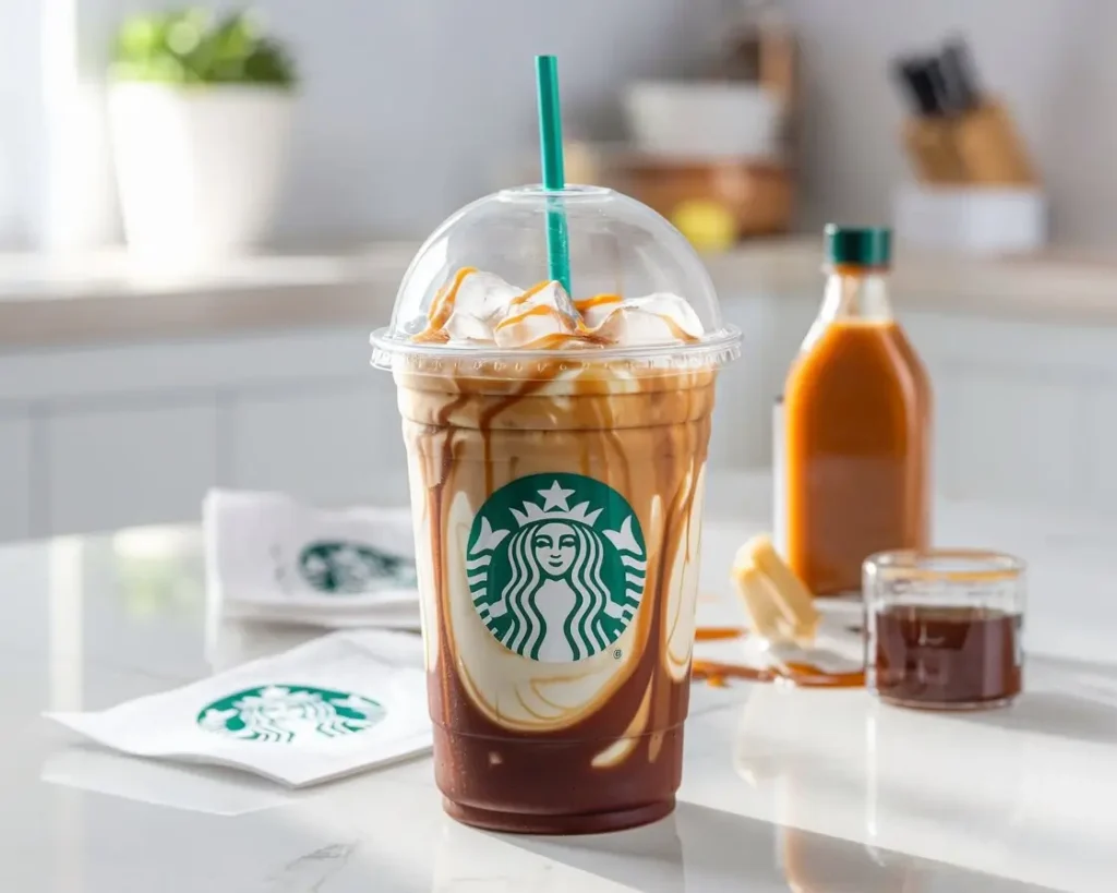 Homemade caramel vanilla iced coffee in Starbucks-style cup with green straw and caramel drizzle.