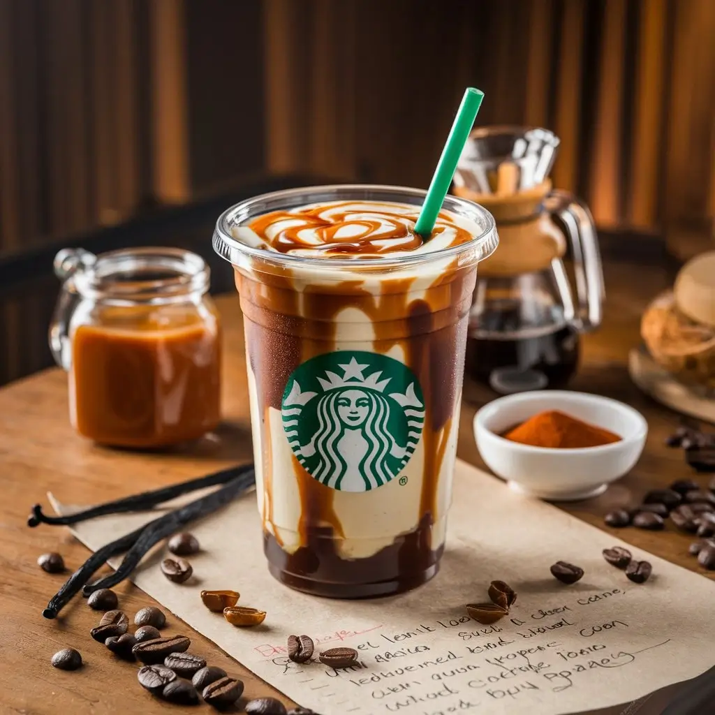 Starbucks cup with caramel vanilla iced coffee, caramel drizzle, green straw, and ingredients.