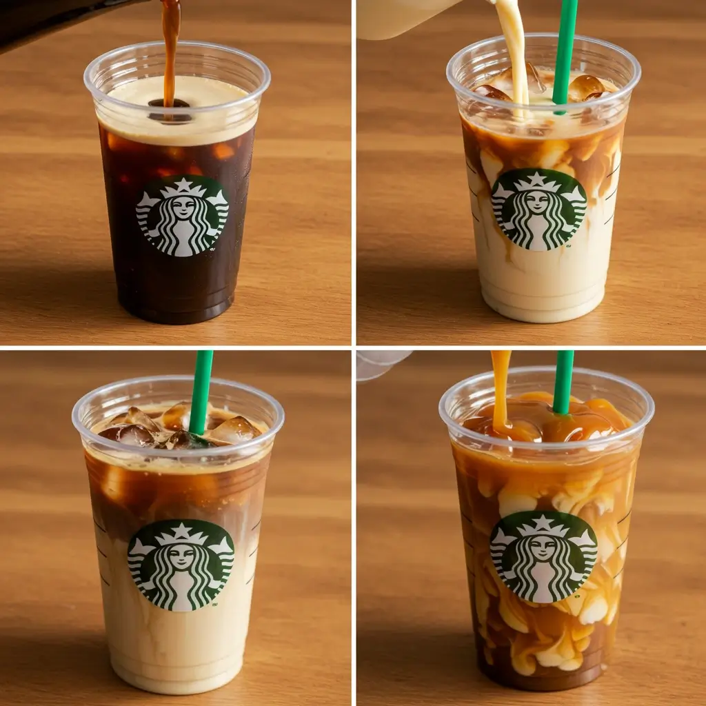Four-step close-up of making caramel vanilla iced coffee in Starbucks-style cup.