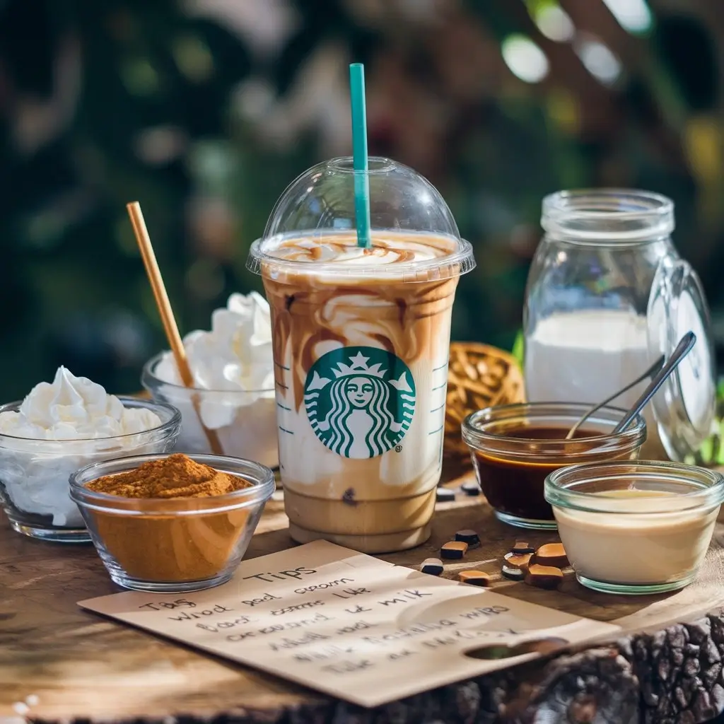 Starbucks-style cup with caramel vanilla iced coffee and bowls of toppings on wooden table.