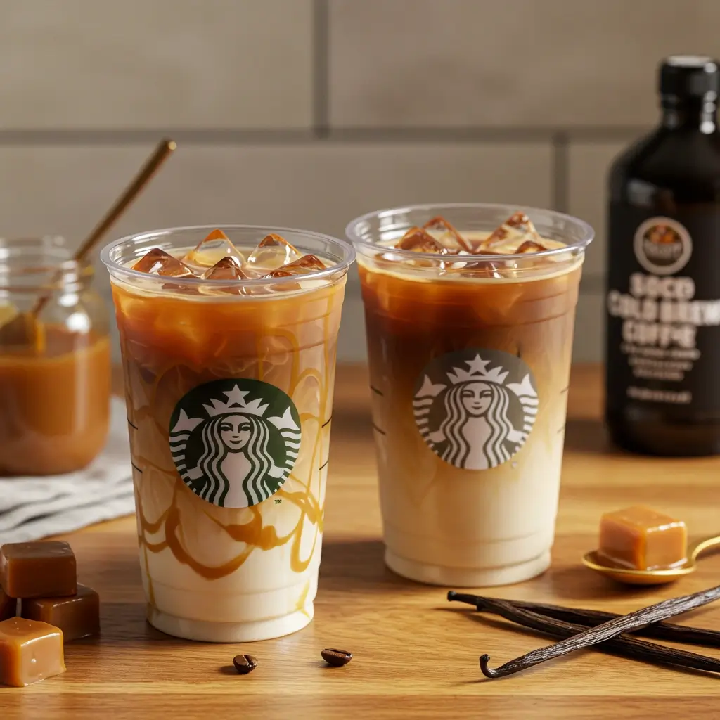 Starbucks-style caramel vanilla iced coffee next to plain store-bought iced coffee cup.