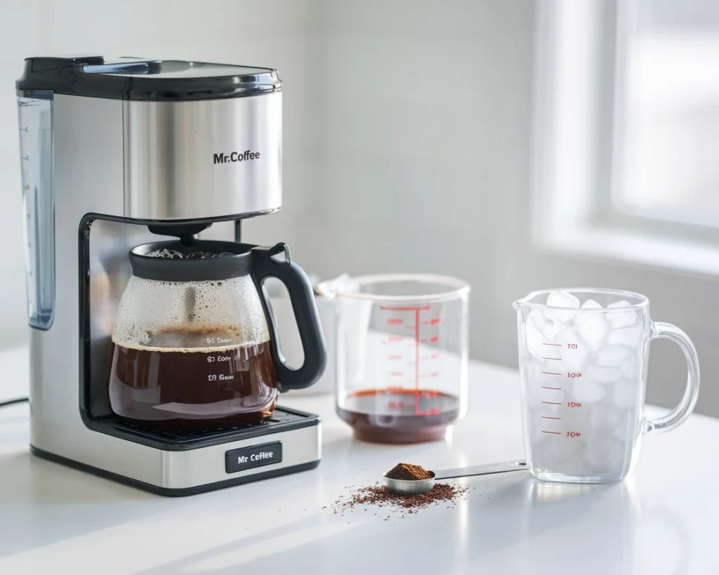 Mr. Coffee drip machine brewing with ice tumbler, coffee grounds, and water on counter.