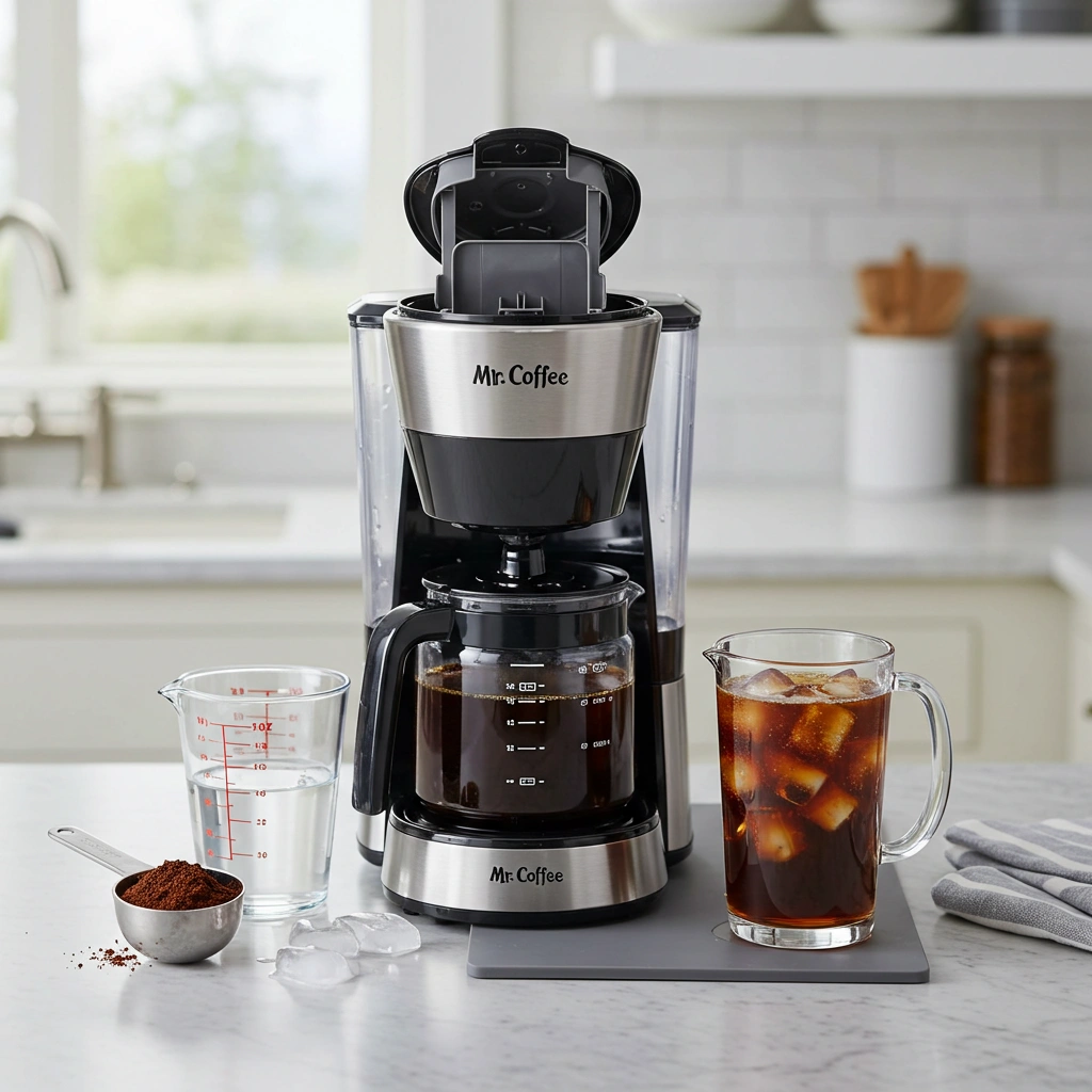 Mr. Coffee drip machine with open basket, filled carafe, ice tumbler, coffee scoop, and water.