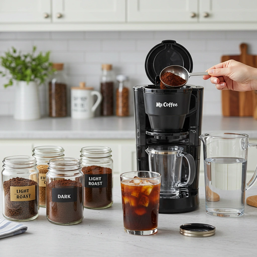 Coffee jars labeled light, medium, dark roast with scoop, drip basket, pitcher, and ice tumbler.