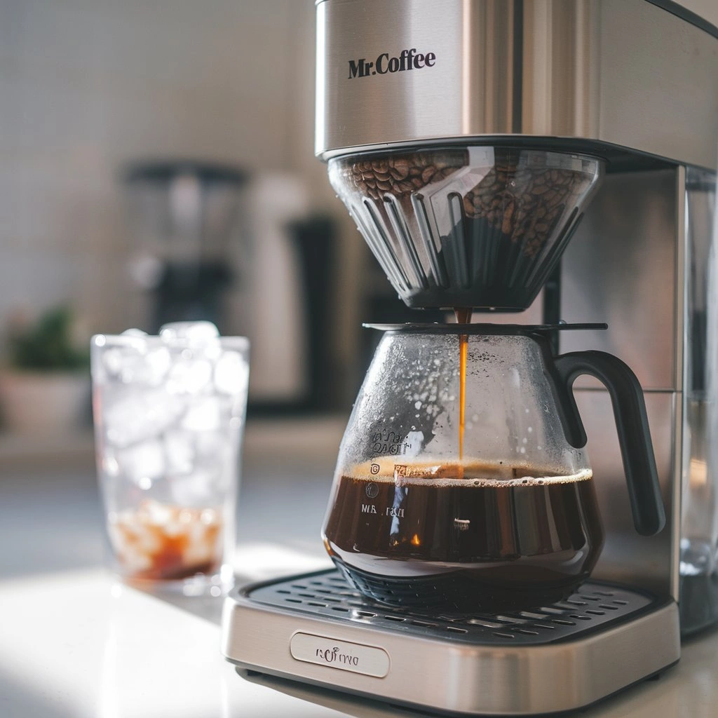 Close-up of Mr. Coffee drip machine brewing, coffee dripping into carafe, ice tumbler nearby.