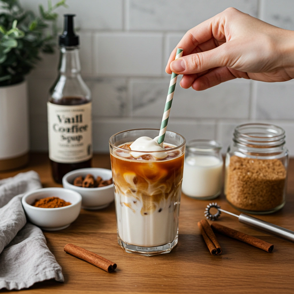 Glass of iced coffee with cream swirl, vanilla syrup, cinnamon, milk frother, and brown sugar.
