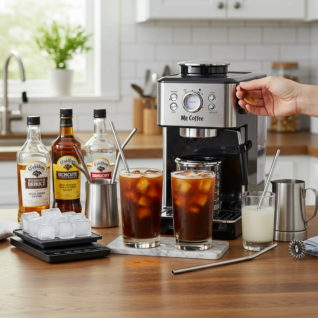 Mr. Coffee machine with coffee scale, syrups, ice cubes, frother, metal straws, hand adjusting.