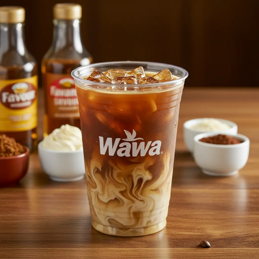 Realistic Wawa iced coffee in clear plastic cup with straw on wooden table, syrups around