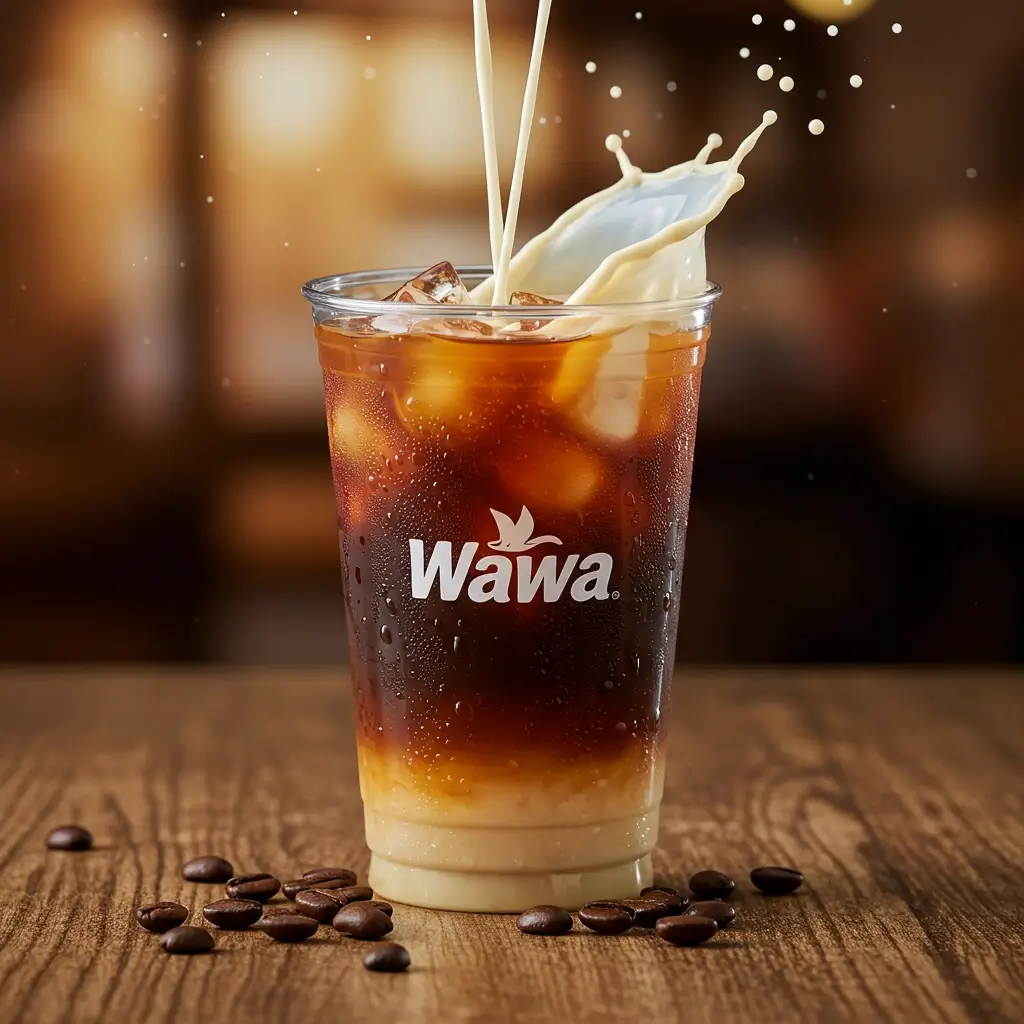 Close-up of Wawa iced coffee with cream pouring, coffee beans on rustic wooden table