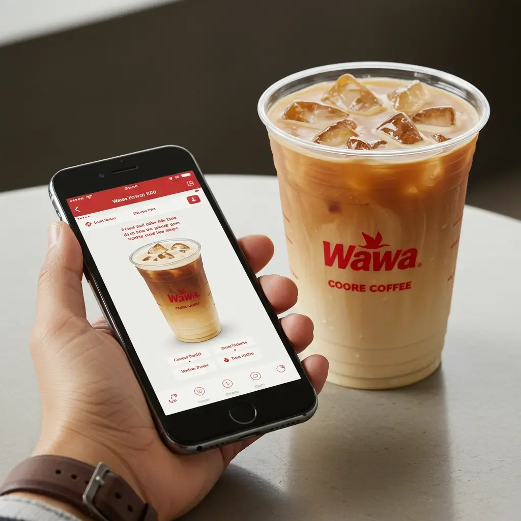 Hand holding smartphone with Wawa app showing iced coffee customization next to iced coffee