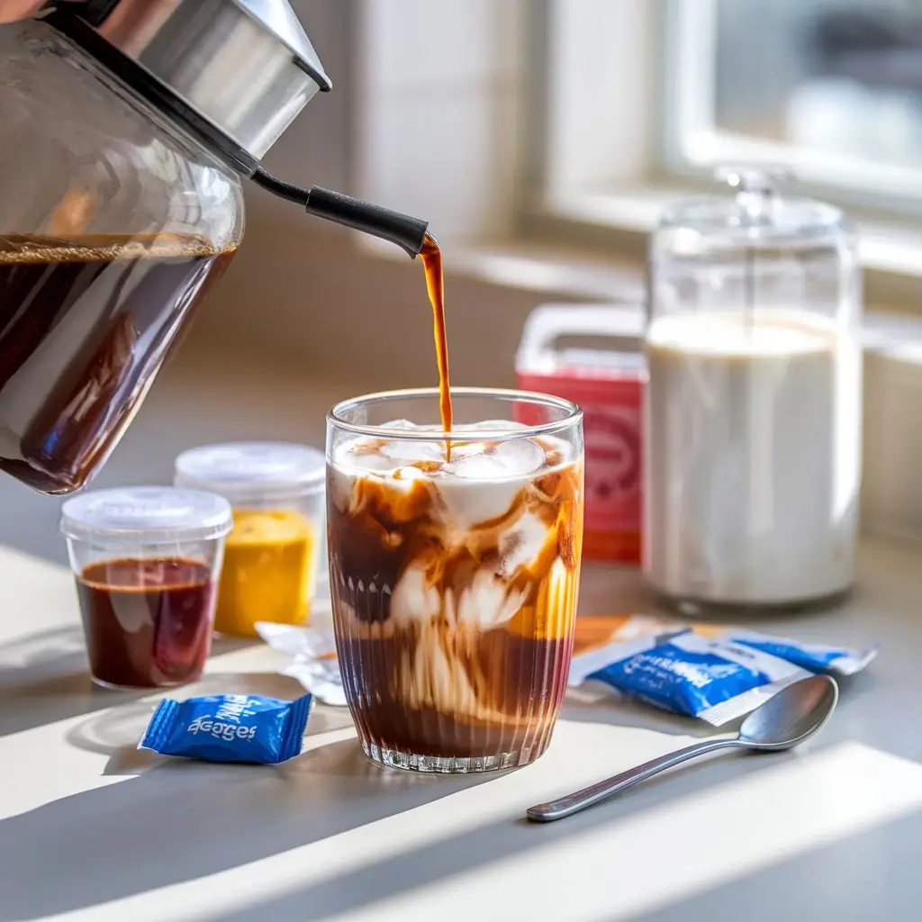Glass with ice and coffee pouring, surrounded by syrups, cream, and sugar on countertop