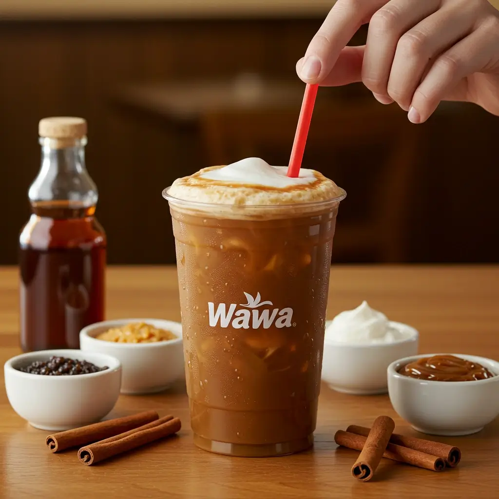 Wawa iced coffee with flavor add-ins and hand stirring with straw on wooden table