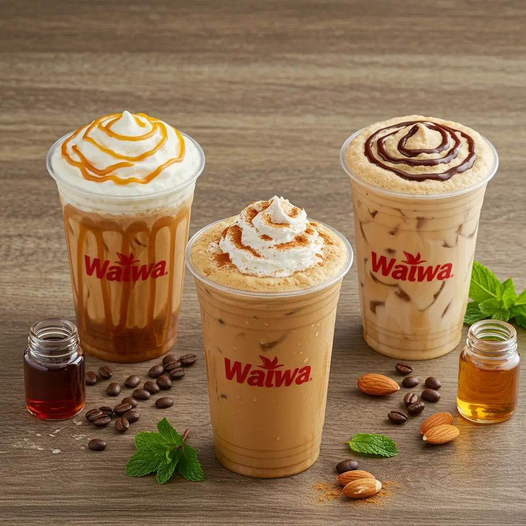 Flat lay of three Wawa iced coffees with caramel, vanilla, and chocolate customizations