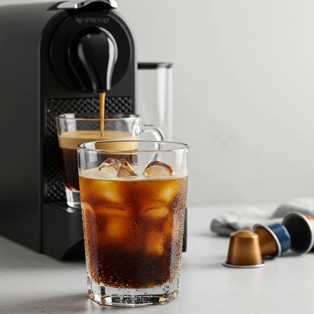 Close-up of iced Nespresso coffee with strong layers, ice, and pods on counter