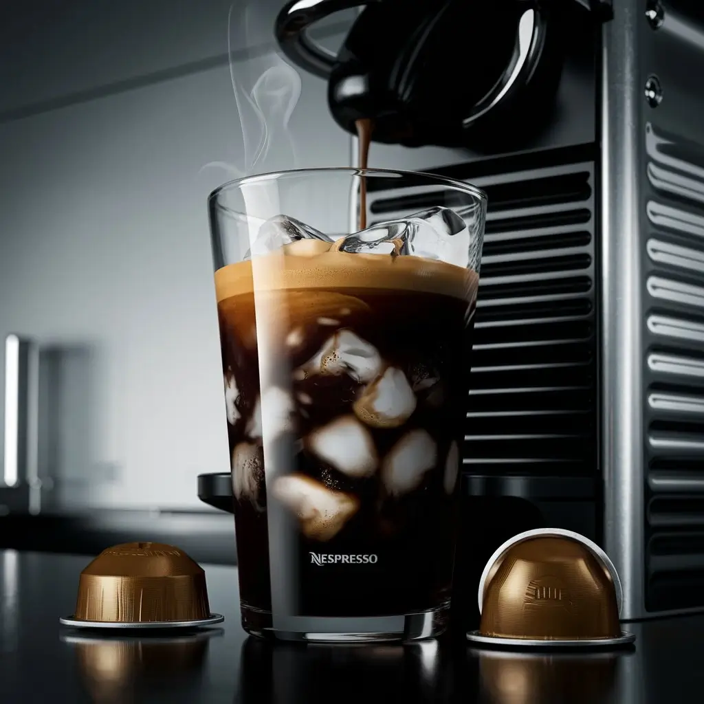 Tall glass of dark Nespresso coffee with ice, brewing from machine, pods nearby