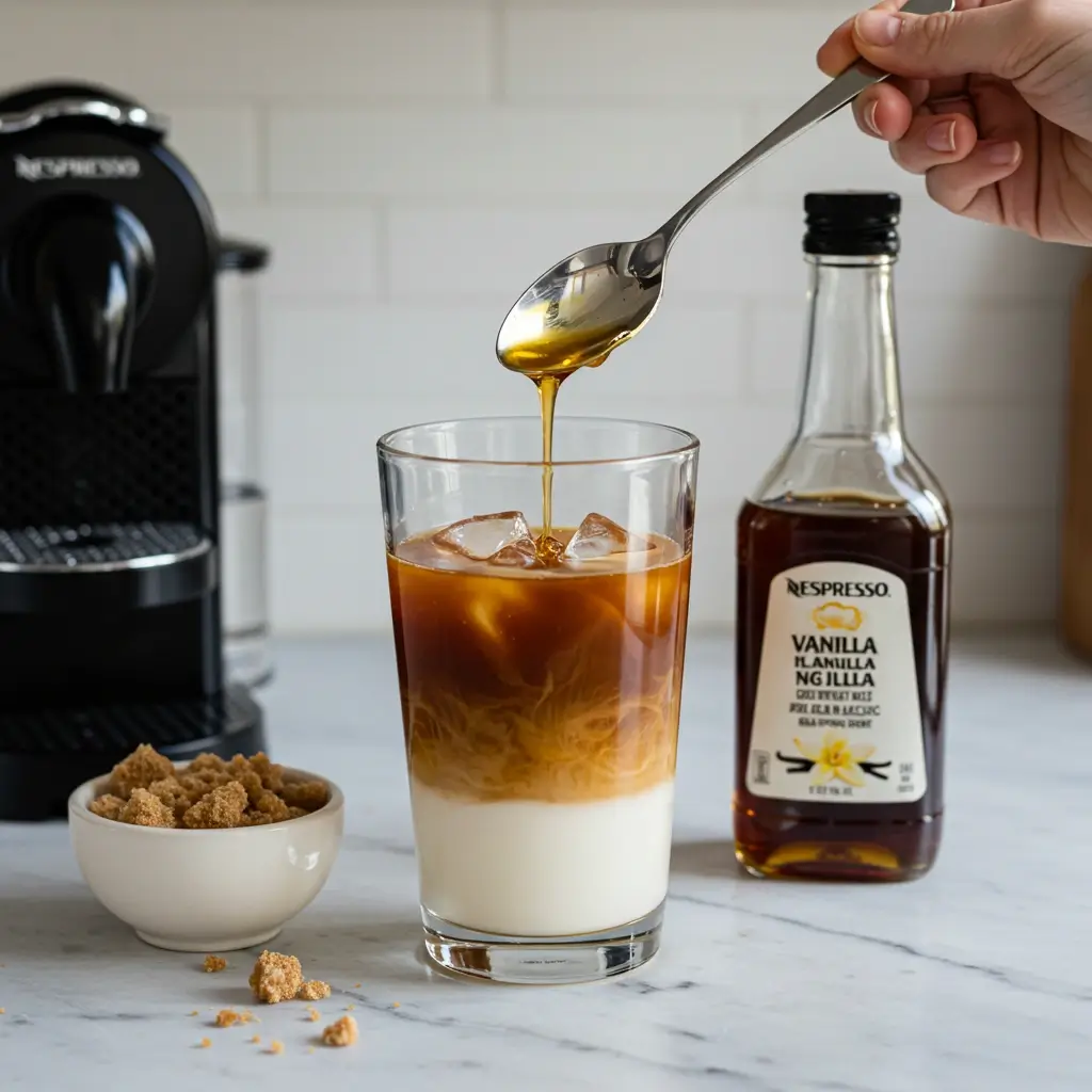 Honey drizzling into Nespresso iced coffee with sugar, syrup, and machine in background