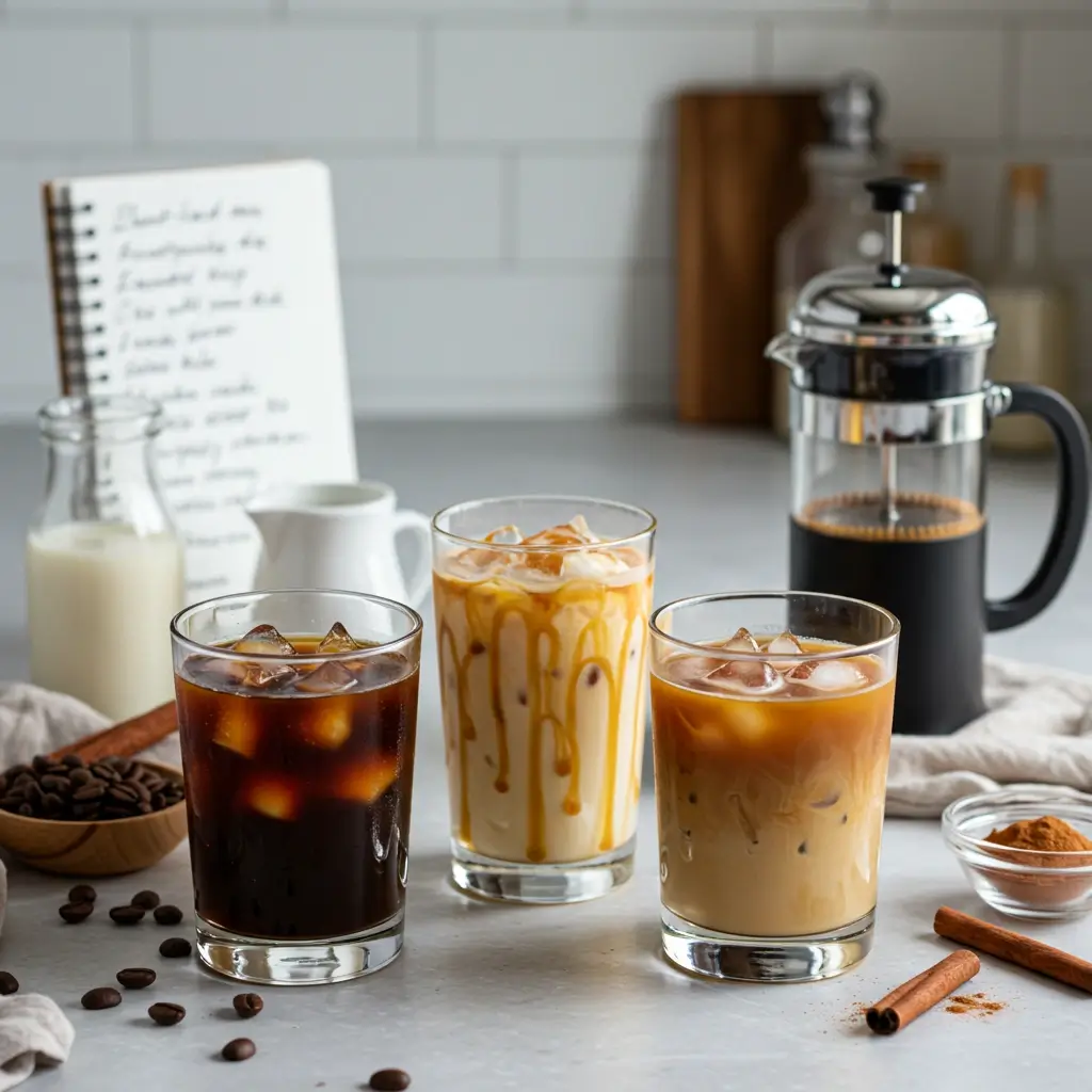 Three iced coffee variations with caramel, plant milk, and cold brew on bright kitchen counter