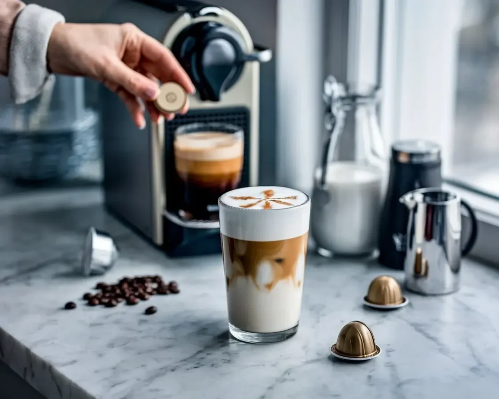Layered Nespresso iced latte on marble with pod, machine, and coffee accessories nearby
