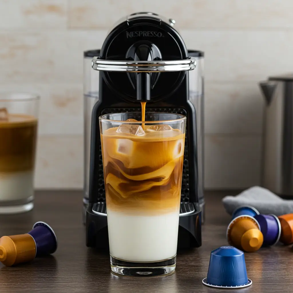 Nespresso machine brewing iced latte into tall glass with milk, ice, and visible swirl