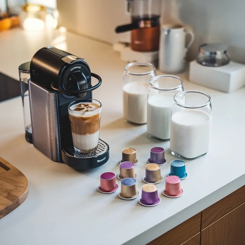 Flat lay of iced latte with Nespresso pods and milk options on modern kitchen counter