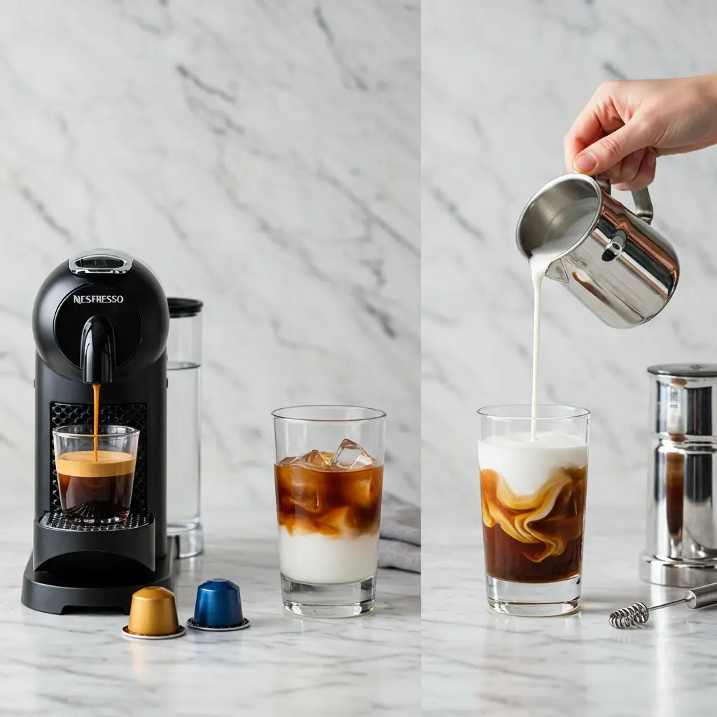 Step-by-step iced latte making with Nespresso machine, ice glass, and milk pouring