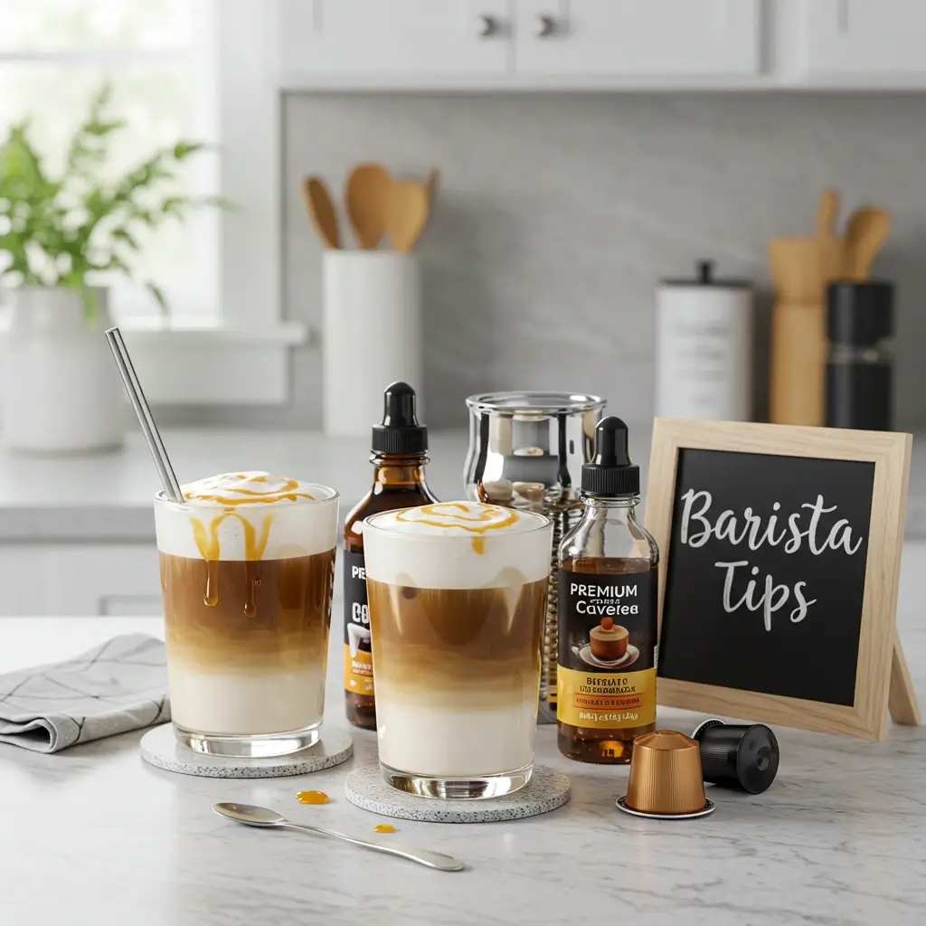 Nespresso iced latte with milk foam and caramel drizzle, syrup bottles, frother, and pods